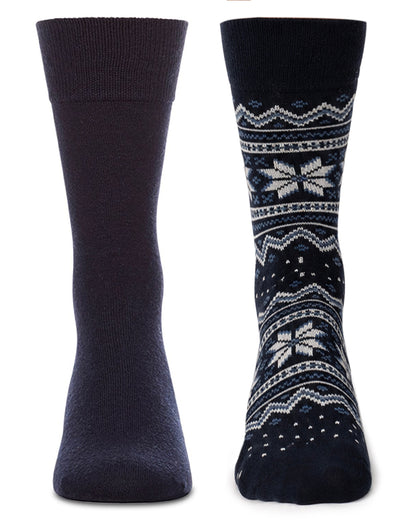 2 Pair Men's Cashmere-Blend Fairisle Snowflake Color Combo Crew Socks