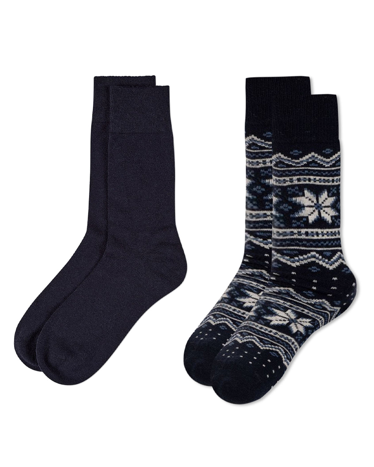 2 Pair Men's Cashmere-Blend Fairisle Snowflake Color Combo Crew Socks