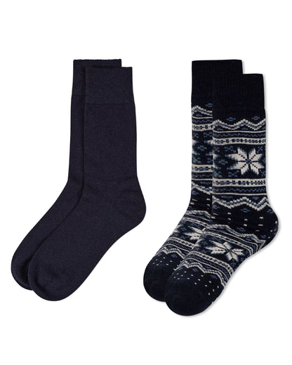 2 Pair Men's Cashmere-Blend Fairisle Snowflake Color Combo Crew Socks