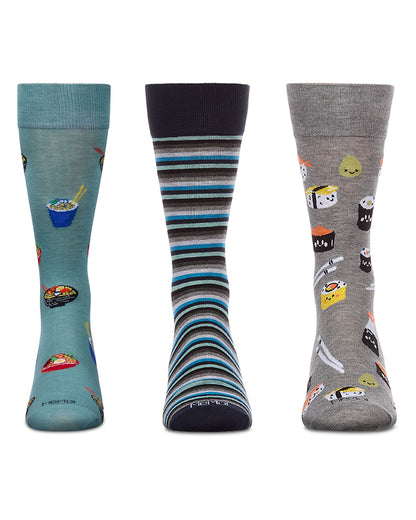 3 Pair Men's Rayon-Rich Novelty Dress Crew Socks, Assorted Patterns