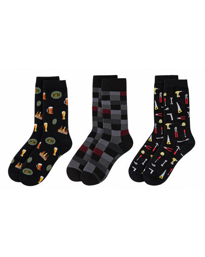 3 Pair Men's Rayon-Rich Novelty Dress Crew Socks, Assorted Patterns