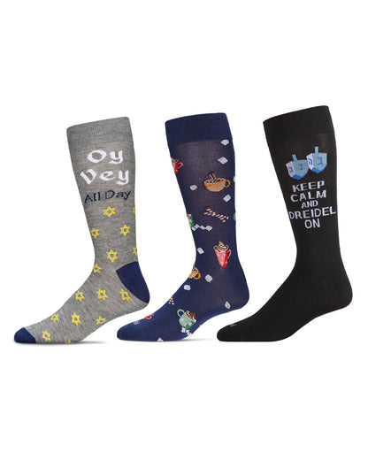 3 Pair Men's Hanukkah Rayon-Blend Fine-Gauge Novelty Crew Socks