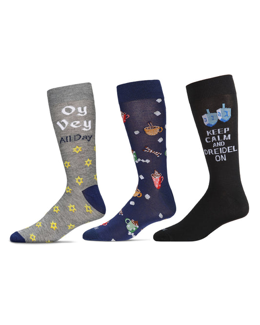 3 Pair Men's Hanukkah Rayon-Blend Fine-Gauge Novelty Crew Socks