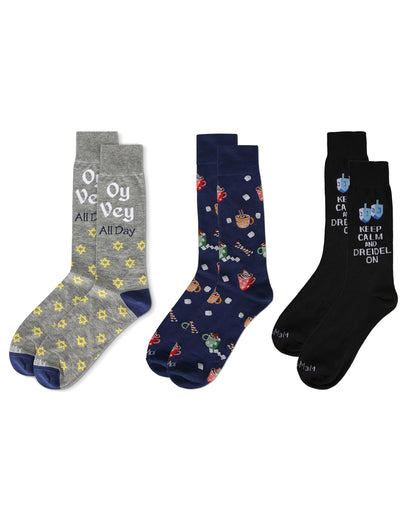 3 Pair Men's Hanukkah Rayon-Blend Fine-Gauge Novelty Crew Socks