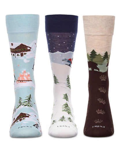 3 Pair Men's Winter-Skiing Rayon-Blend Fine-Gauge Novelty Crew Socks