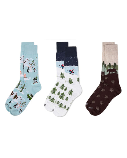 3 Pair Men's Winter-Skiing Rayon-Blend Fine-Gauge Novelty Crew Socks