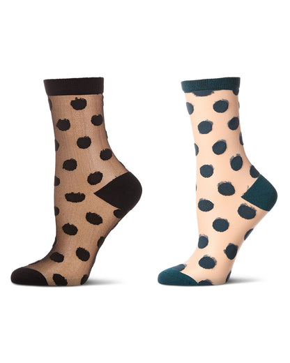 2 Pair Women's Sheer Cotton-Rich Polka Dot Crew Socks