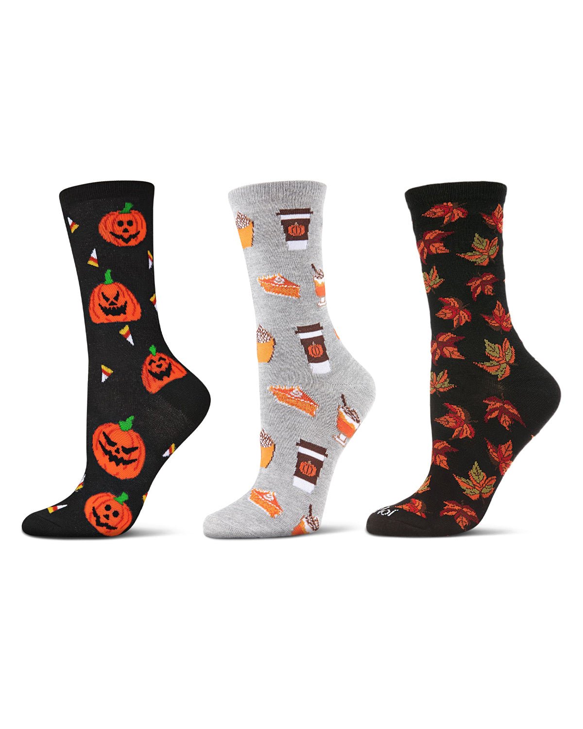 Women's 3 Pair Pack Halloween Pumpkin Crew Socks : Color: Black-Black