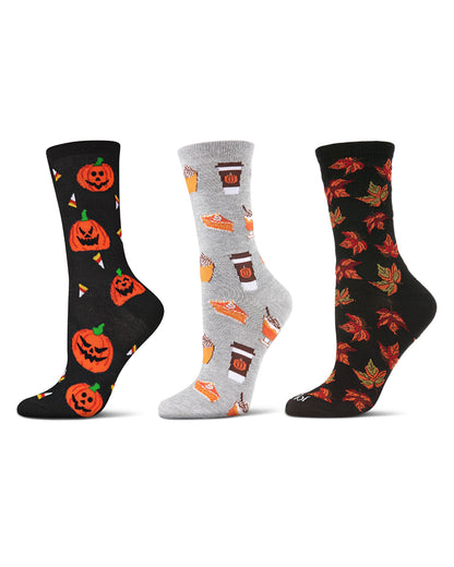 Women's 3 Pair Pack Halloween Pumpkin Crew Socks : Color: Black-Black