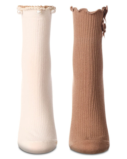 2 Pair Women's Ribbed Cotton-Rich Ruffle-Trim Fashion Ankle Socks