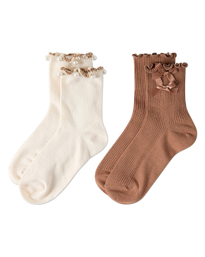2 Pair Women's Ribbed Cotton-Rich Ruffle-Trim Fashion Ankle Socks