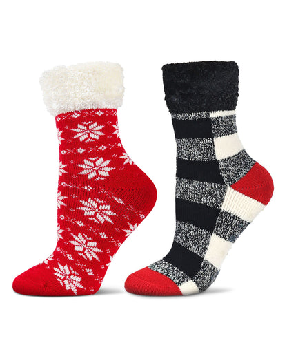 Women's 2 Pair Pack Plush Non-Skid Cabin Crew Socks : Color: Black-Red
