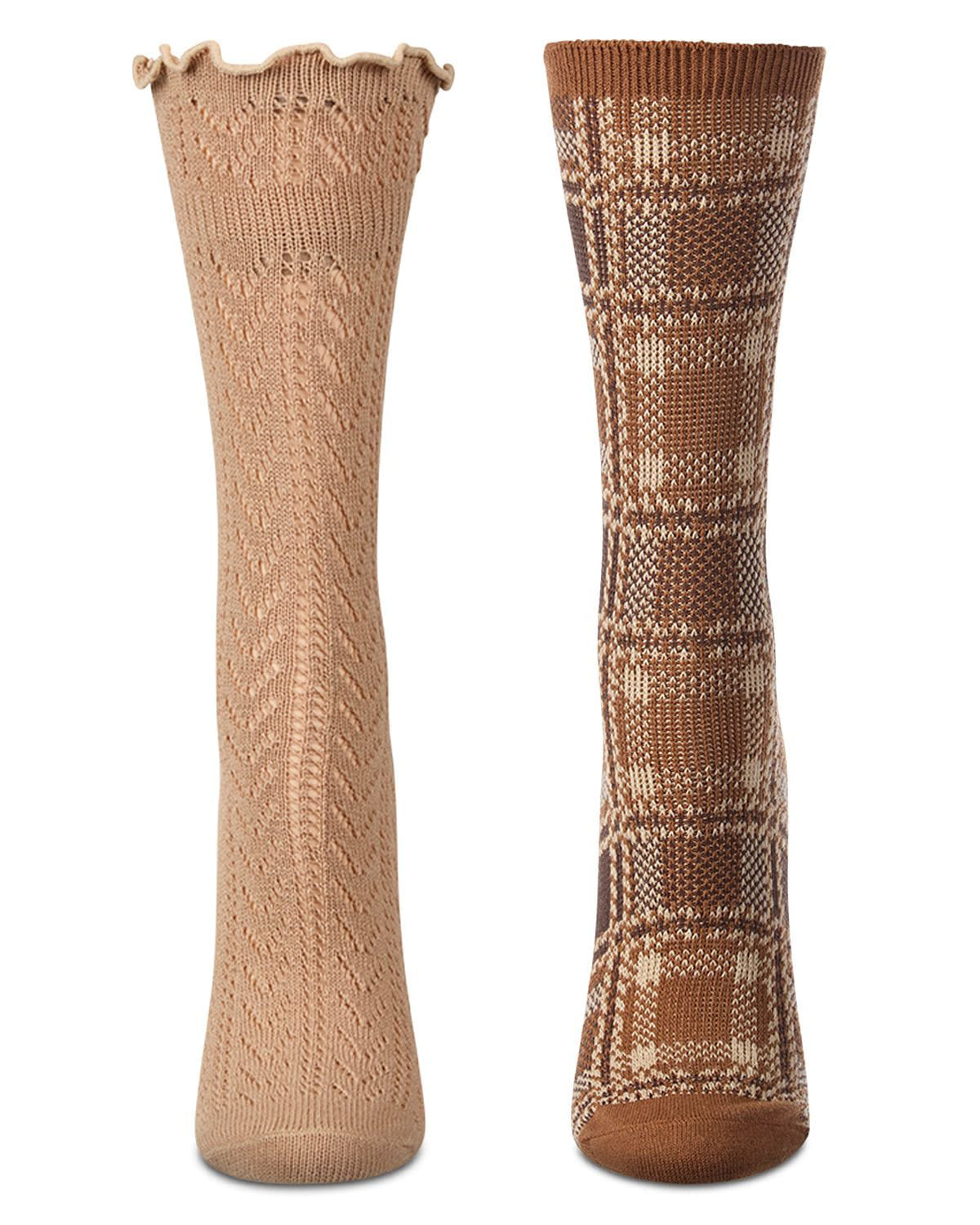 2 Pair Women's Cotton-Rich Trendy Brown Fashion Crew Socks