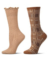2 Pair Women's Cotton-Rich Trendy Brown Fashion Crew Socks