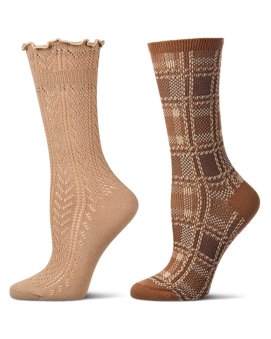 2 Pair Women's Cotton-Rich Trendy Brown Fashion Crew Socks