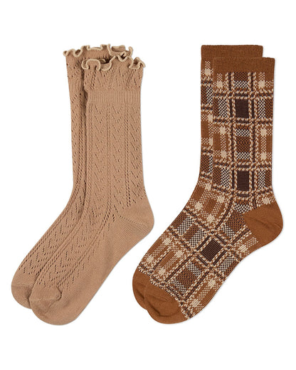 2 Pair Women's Cotton-Rich Trendy Brown Fashion Crew Socks