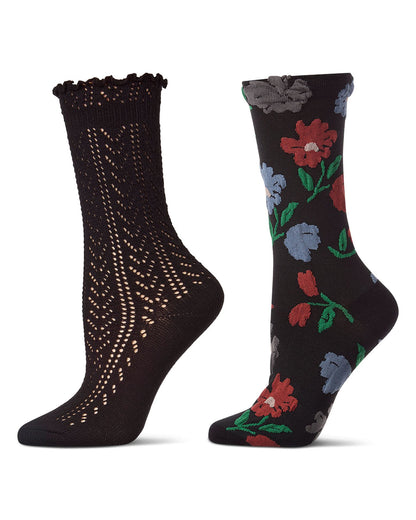 2 Pair Women's Cotton-Rich Textured Fashion Crew Socks