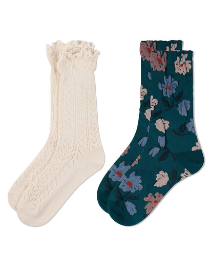 2 Pair Women's Cotton-Rich Textured Fashion Crew Socks
