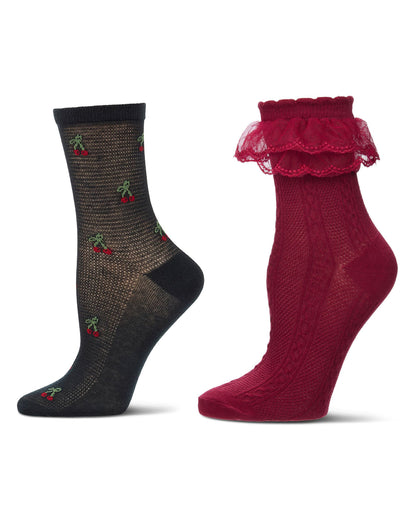 2 Pair Women's Cotton-Rich Fashion Ankle and Crew Socks