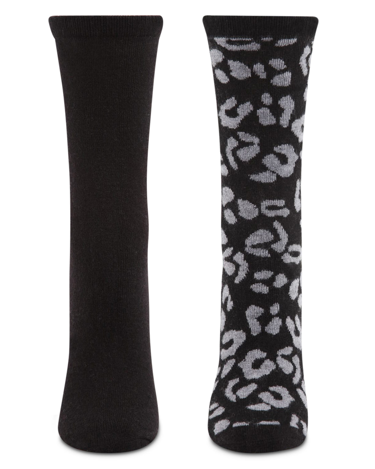 2 Pair Women's Cashmere Blend Leopard and Solid Crew Socks