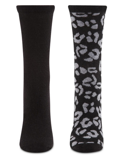 2 Pair Women's Cashmere Blend Leopard and Solid Crew Socks