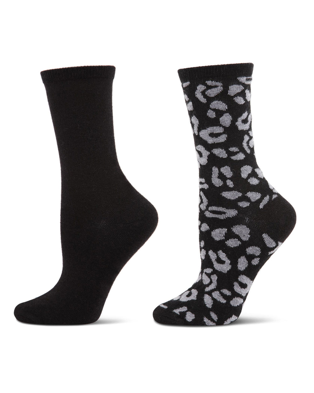 2 Pair Women's Cashmere Blend Leopard and Solid Crew Socks