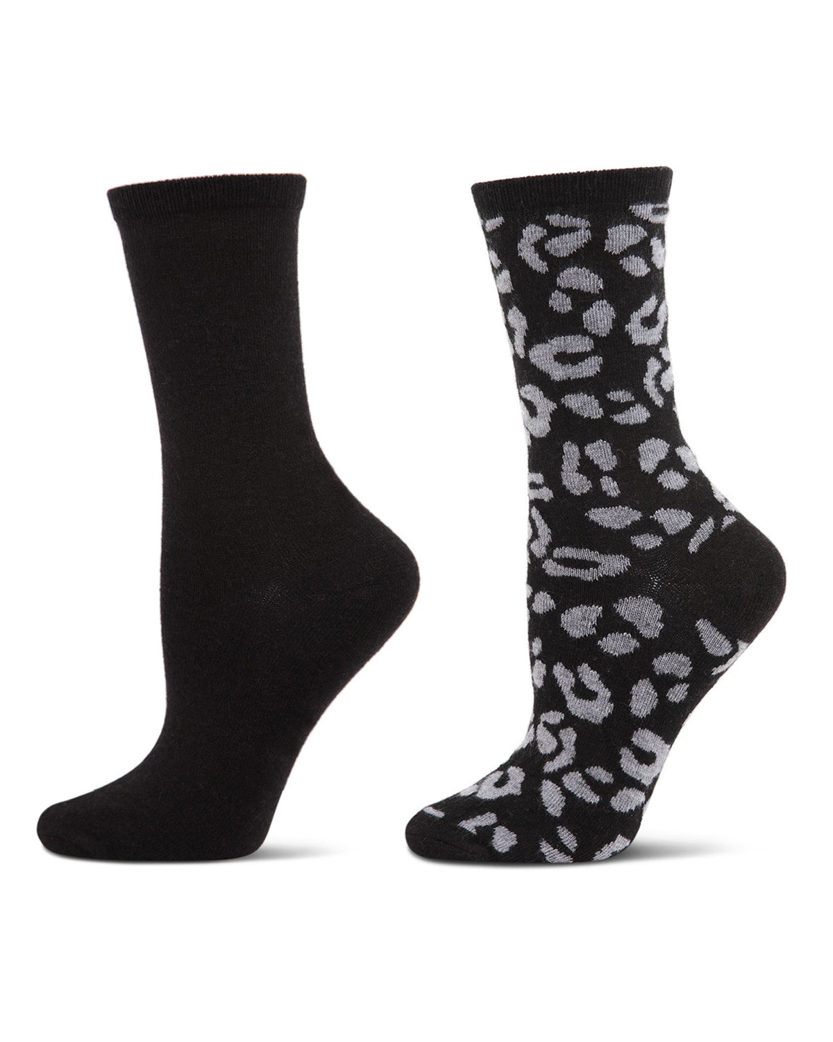 2 Pair Women's Cashmere Blend Leopard and Solid Crew Socks