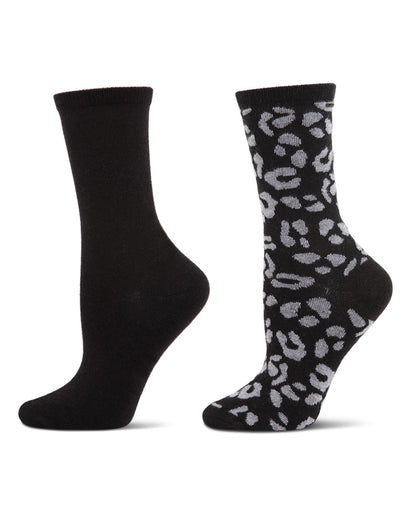 2 Pair Women's Cashmere Blend Leopard and Solid Crew Socks
