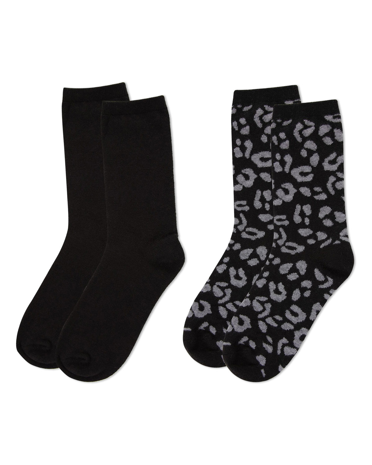 2 Pair Women's Cashmere Blend Leopard and Solid Crew Socks