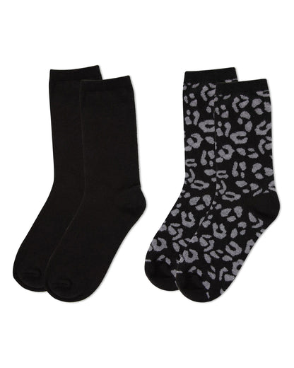 2 Pair Women's Cashmere Blend Leopard and Solid Crew Socks