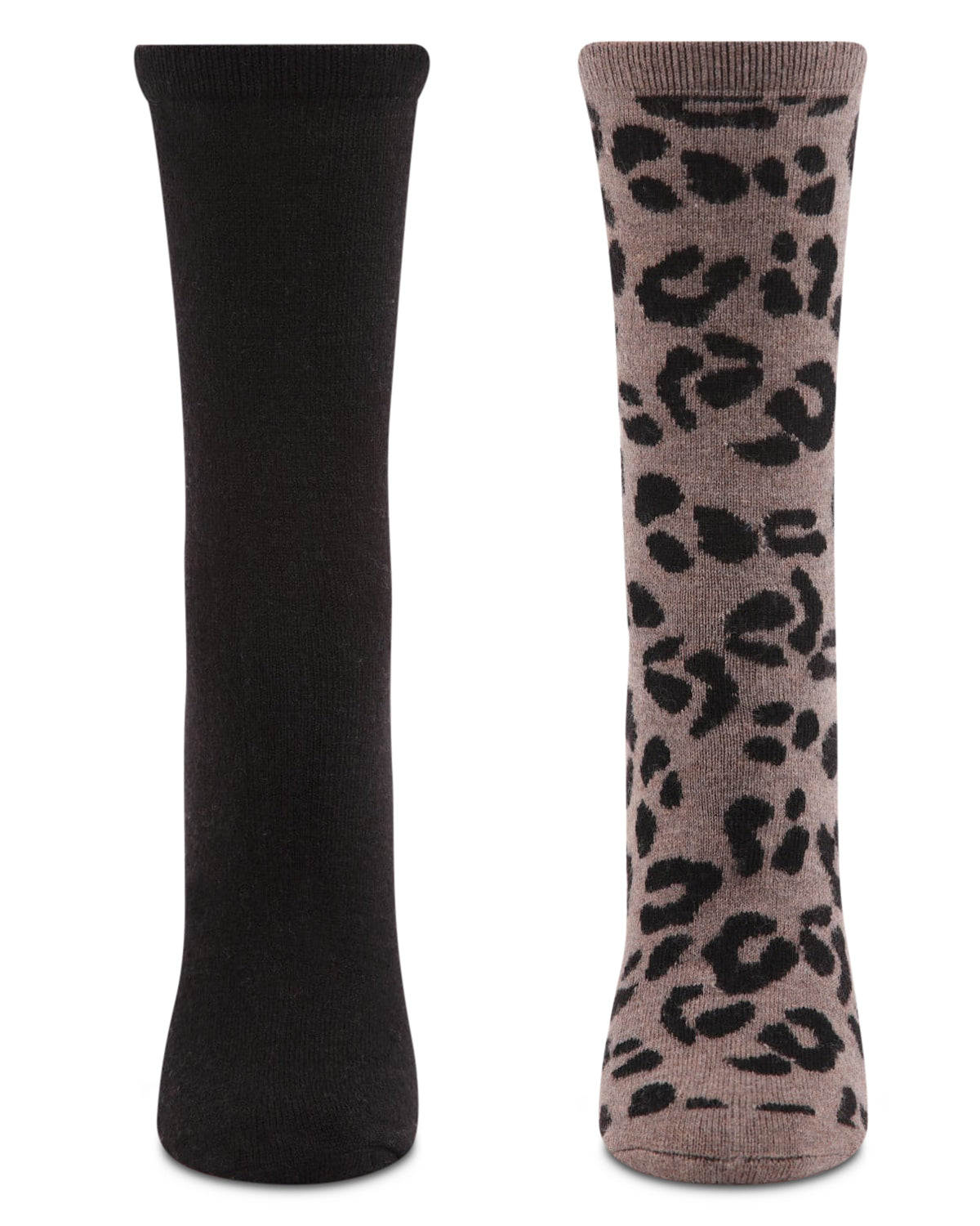 2 Pair Women's Cashmere Blend Leopard and Solid Crew Socks
