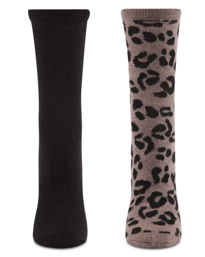 2 Pair Women's Cashmere Blend Leopard and Solid Crew Socks