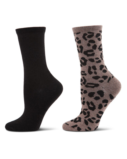 2 Pair Women's Cashmere Blend Leopard and Solid Crew Socks