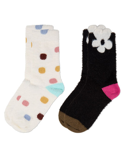 2 Pair Women's Fuzzy Dot and Daisy Cozy Crew Socks