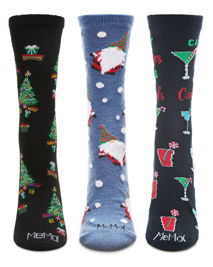 Women's 3 Pair Pack Christmas Holiday Cheer Crew Socks : Color: Black