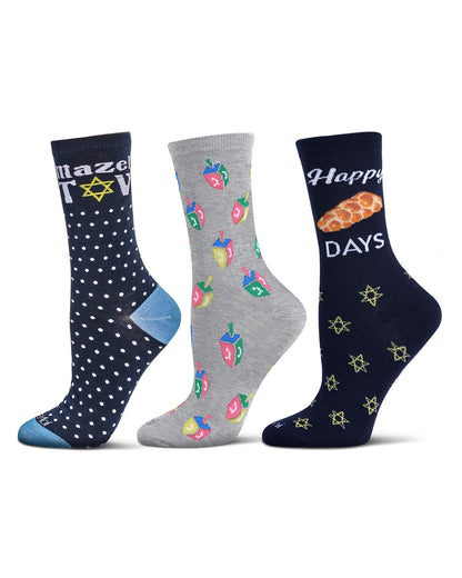 Women's 3 Pair Pack Hanukkah Crew Socks : Color: Black