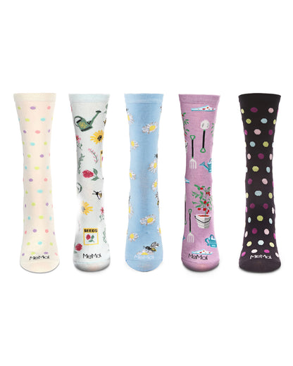 5 Pair Women's Rayon-Blend Fine-Gauge Fashion Novelty Crew Socks