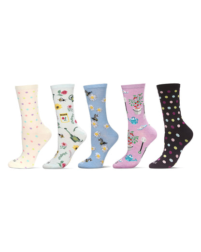 5 Pair Women's Rayon-Blend Fine-Gauge Fashion Novelty Crew Socks