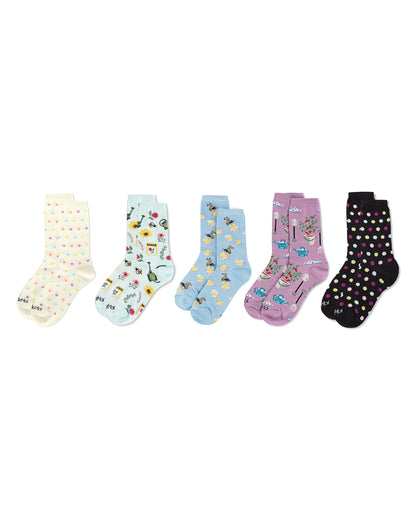 5 Pair Women's Rayon-Blend Fine-Gauge Fashion Novelty Crew Socks