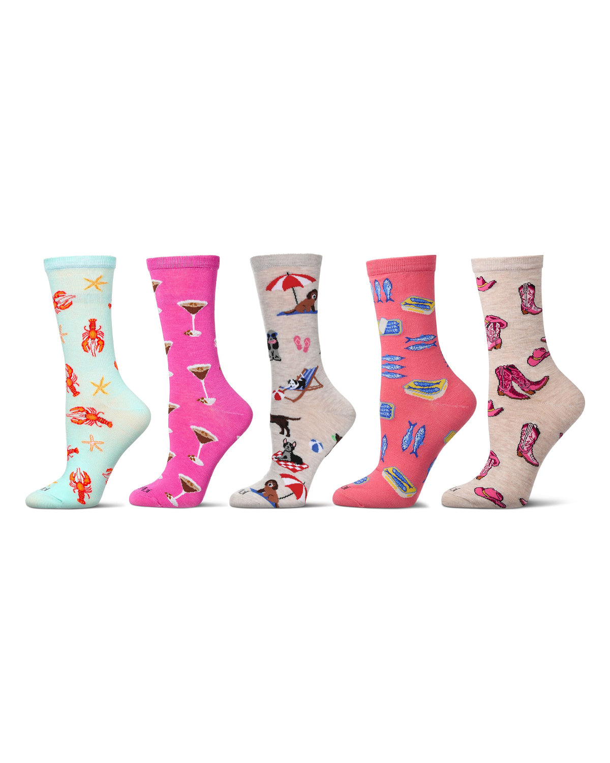 5 Pair Women's Rayon-Blend Fine-Gauge Fashion Novelty Crew Socks