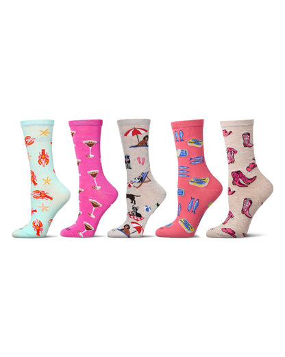 5 Pair Women's Rayon-Blend Fine-Gauge Fashion Novelty Crew Socks