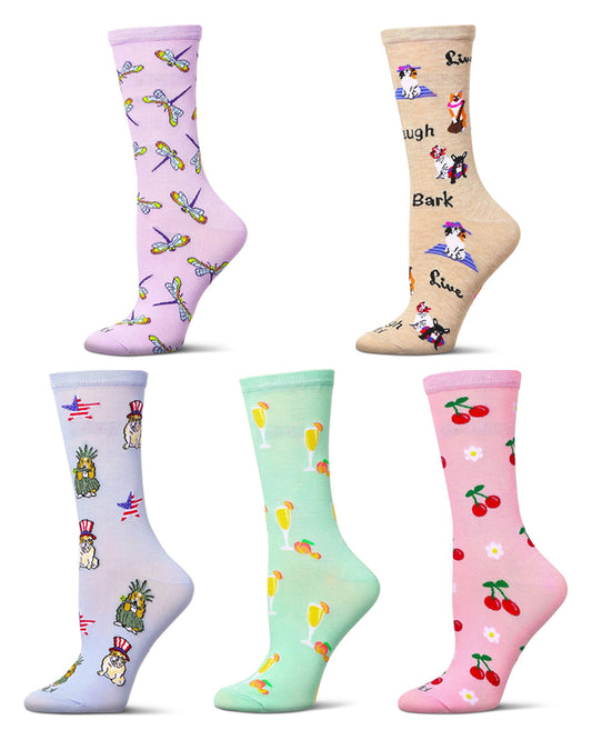 5 Pair Women's Novelty Fashion Crew Socks : Color: Multi