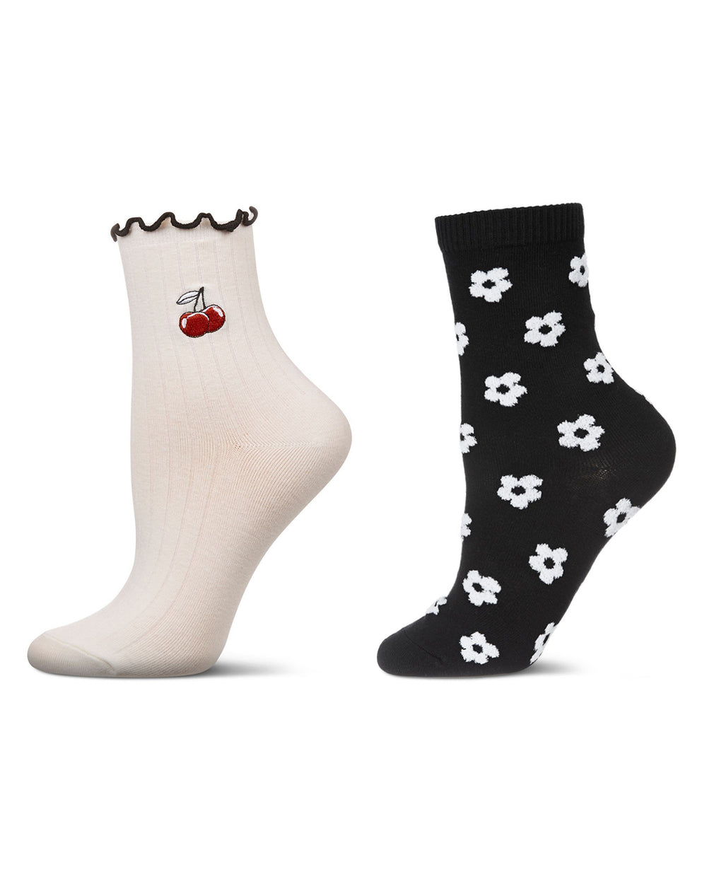 2 Pair Women's Fashion Floral Crew Socks : Color: Black-Nude