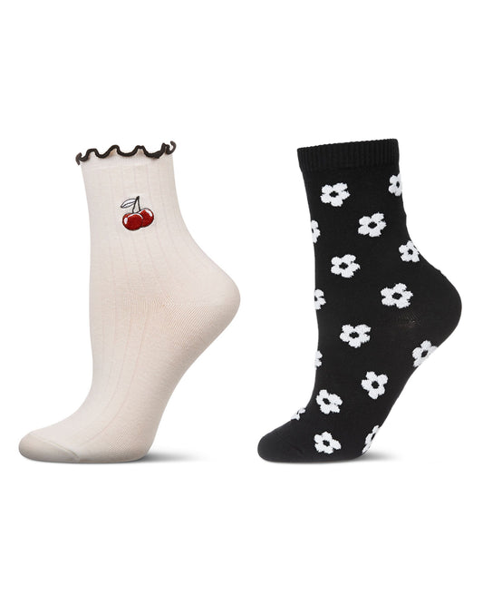 2 Pair Women's Fashion Floral Crew Socks : Color: Black-Nude