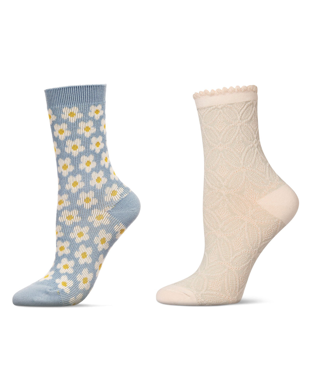 2 Pair Women's Fashion Floral Crew Socks : Color: Light Blue