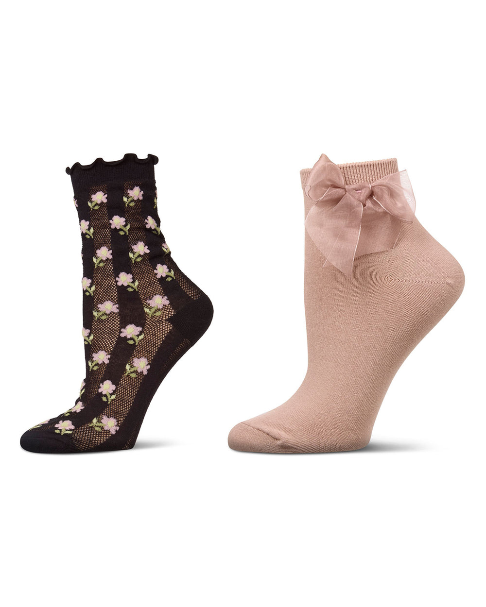 2 Pair Women's Fashion Floral Print / Bow Trim Ankle Socks : Color: Black-Nude