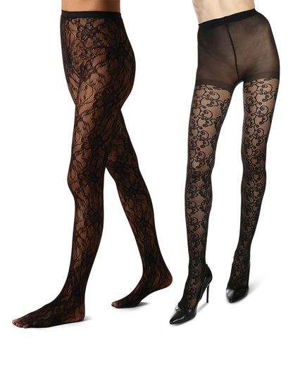 2 Pair Women's Floral & Swirl Lace-Patterned Fashion Tights