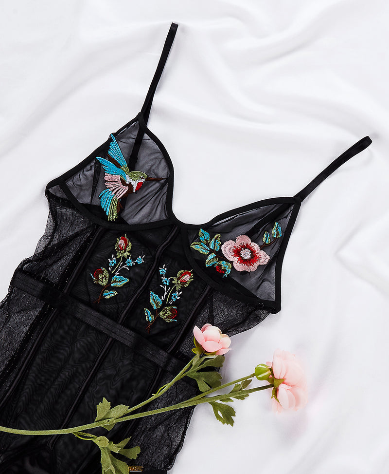 Women's Embroidered Mesh Hummingbird Floral Bodysuit