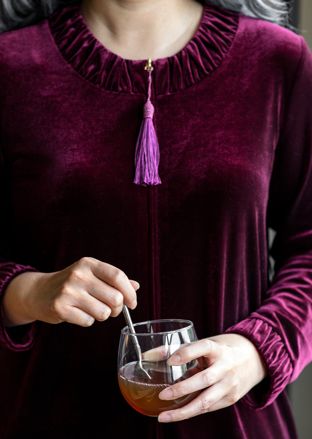 Women's Velour Zippered Front Full Length Lounger Gown : Color: Burgundy