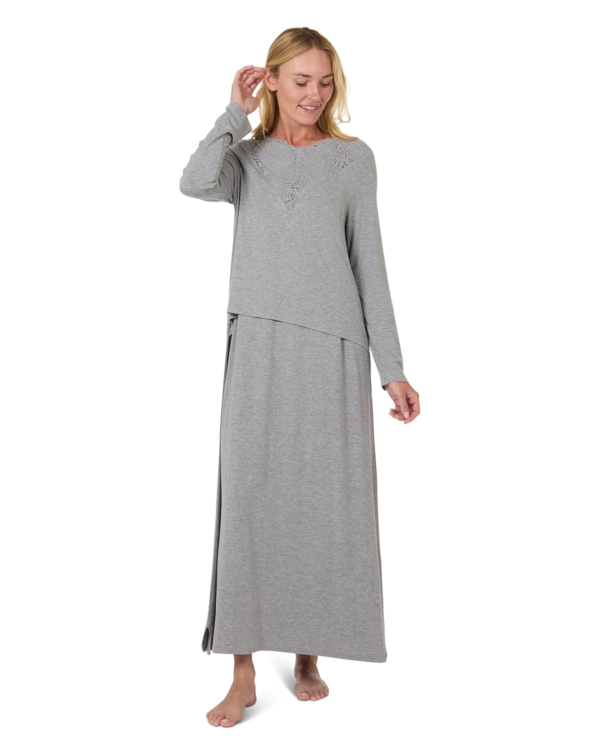 Women's Lace Trimmed Nursing Night Gown : Color: Heather Gray